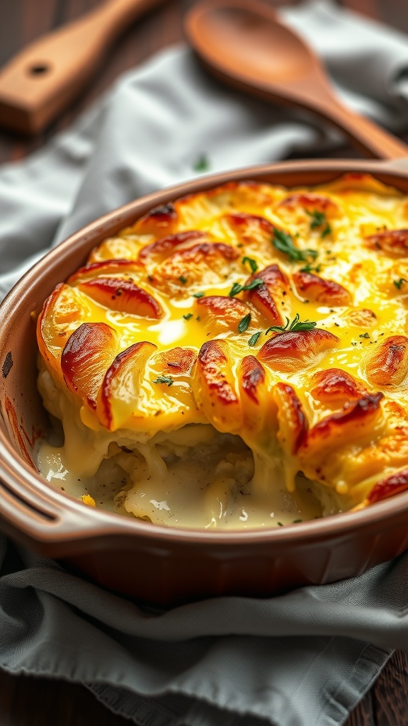 Golden-brown potato dauphinoise in a baking dish, showcasing layers of creamy potatoes and melted cheese.